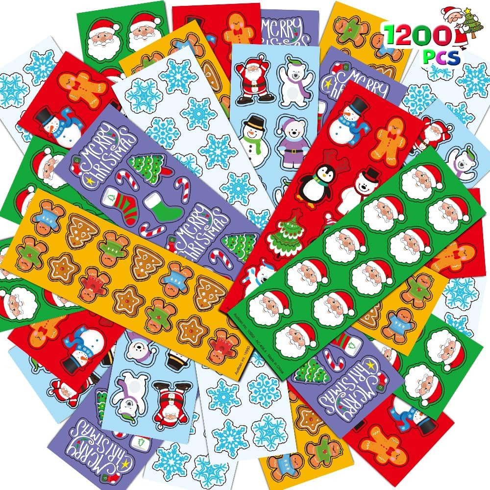 1200 Christmas Stickers – 100 Sheet Assortment for Kids, Holiday Party Favors