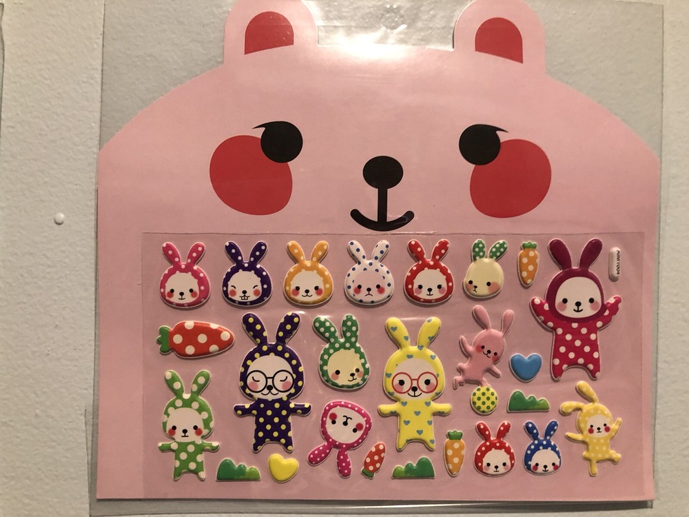 Kawaii Colourful Bunny Rabbits Puffy Sticker Sheet Scrapbook Diary Kids Vintage
