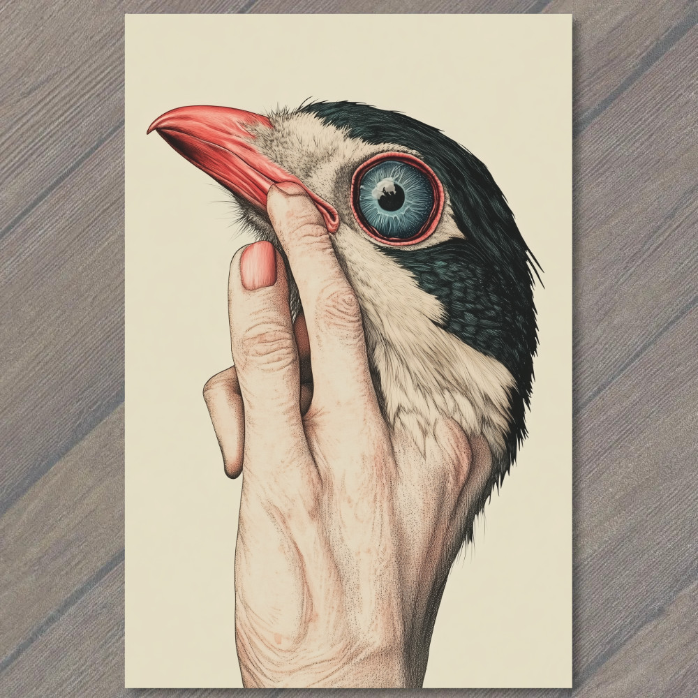 STICKER Surreal Human Hand Holding Bird Beak Strange Blue Eye Weird Odd Creepy