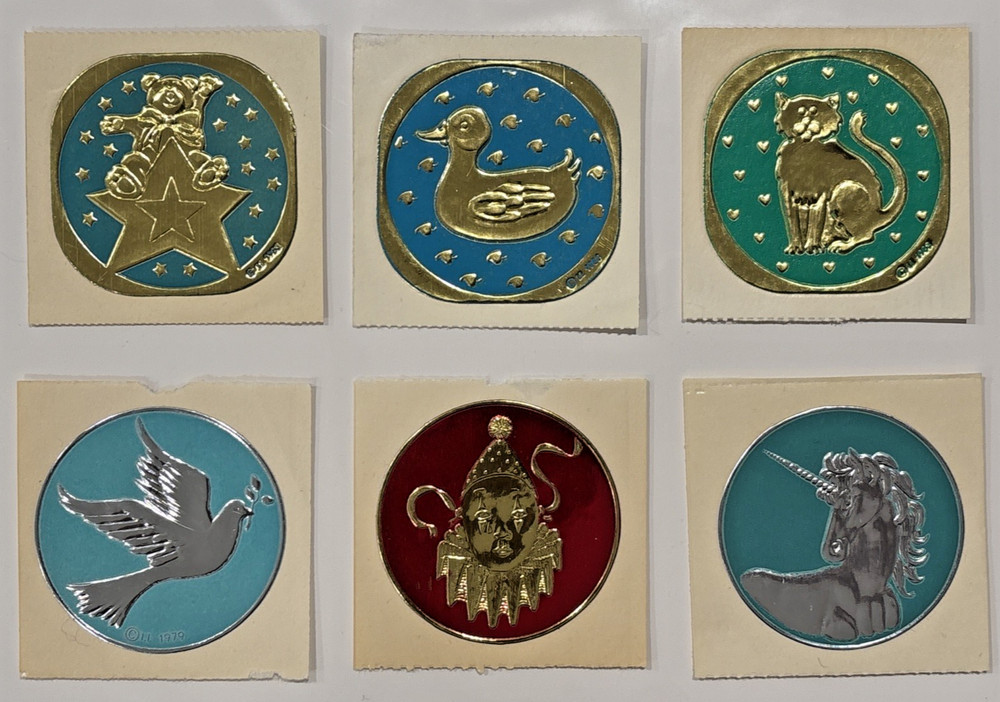 Vtg 1979-1983 LL Geomteric Foil Chrome Sticker Lot Animals Clown Unicorn 6 Lot
