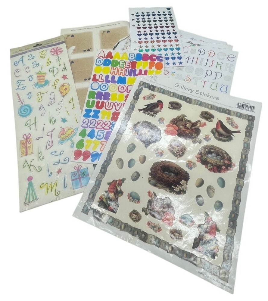 sticker lot scrapbook varied missing letters number birds heart stars nest READ