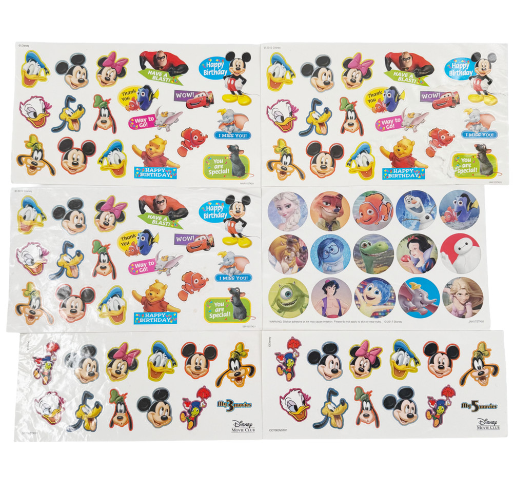 Disney Movie Club Sticker Mickey Minnie Frozen Nemo Pixar DMC Lot of 6 Sheets