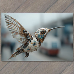 STICKER Ceramic Steampunk Hummingbird White Floral Robot Wings Blue Gem Accent