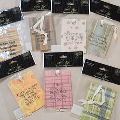 NEW Lot 7 Deluxe Designs Fabric Tags Green Pink Yellow Ribbon Sayings Quotes-B