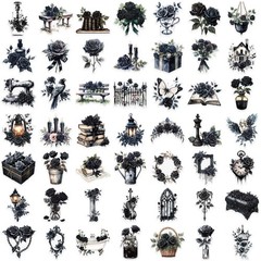 50Pcs Transparent Gothic Black Rose Stickers for Scrapbooking PET Nature B