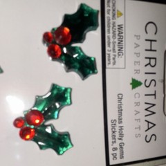 Christmas Paper Crafts Holly Gems Rhinestone Stickers Green/Red 8pc 633959