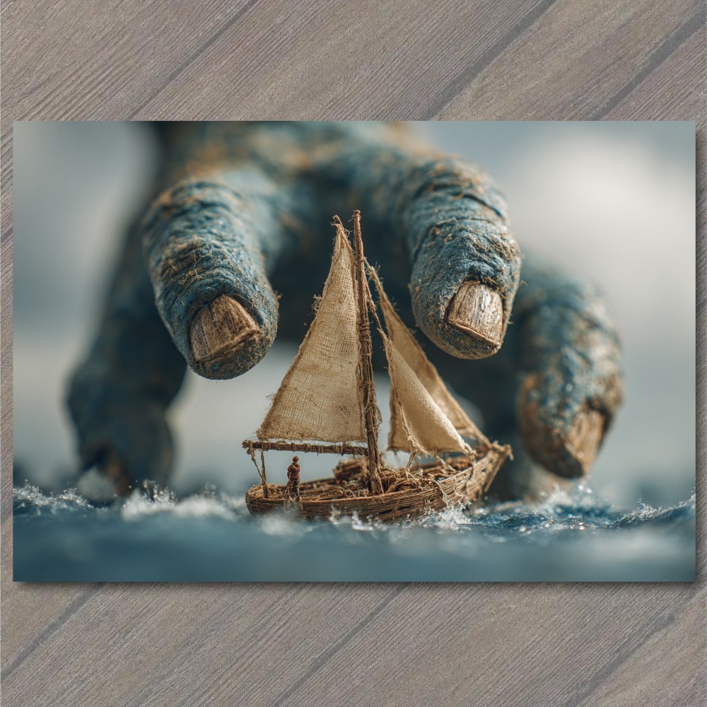 STICKER Giant Hand Tiny Sailboat Ocean Surreal Monster Scale Adventure