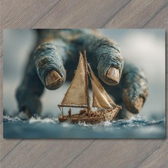 STICKER Giant Hand Tiny Sailboat Ocean Surreal Monster Scale Adventure