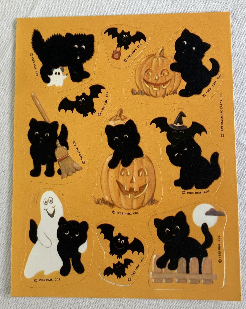 Vintage Hallmark Stickers Halloween Fuzzy Black Cats Ghost Pumpkin Bat 1 Sheet