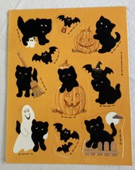Vintage Hallmark Stickers Halloween Fuzzy Black Cats Ghost Pumpkin Bat 1 Sheet
