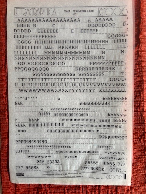 TWO Letraset INSTANT LETTERING Transfer Letters 24 pt Souvenir light partial 1