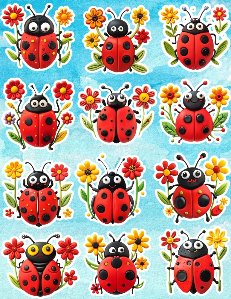 Ladybug with Flowers Die Cut Vinyl Stickers Set Scrapbooking Laptop Waterbottle