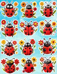Ladybug with Flowers Die Cut Vinyl Stickers Set Scrapbooking Laptop Waterbottle
