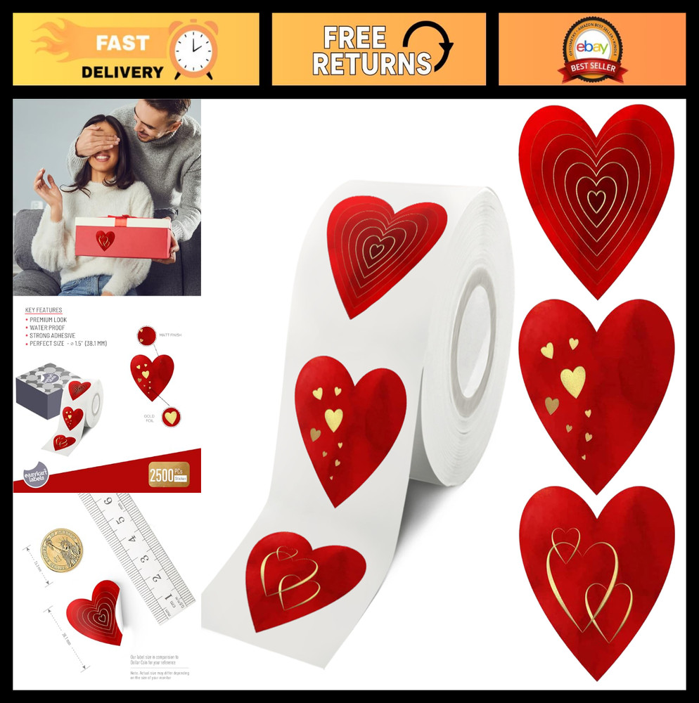2500 Red Heart Shape Stickers with Gold Foil – 1.5″ for Valentine’s Day, Party D
