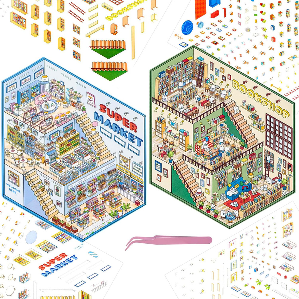 2 Sets Large 3D Sticker Scene House Stickers for Supermarket and Bookstore DIY