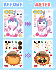 24 Pcs Make Your Own Sticker Sheets for Kids, Mix and Match Animal Face Stickers