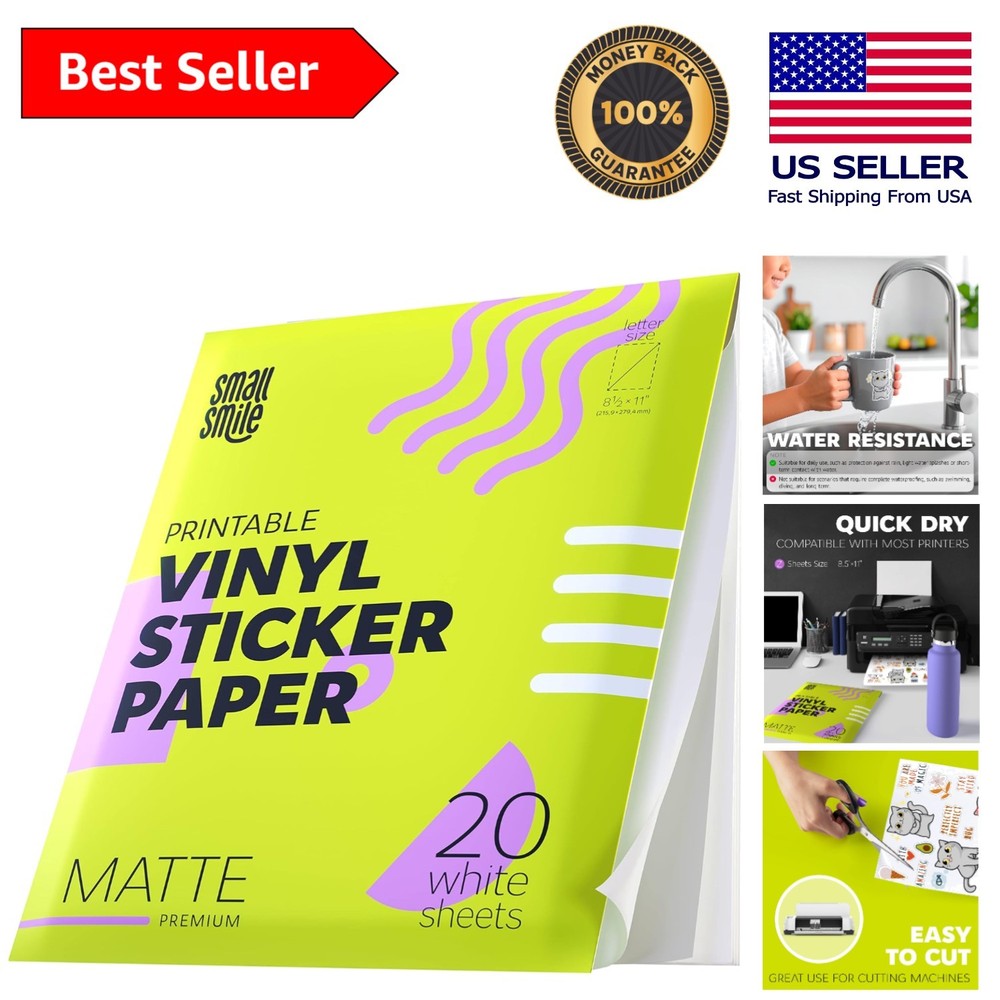 20-Sheet Waterproof Printable Vinyl Sticker Paper – 8.5×11, Matte Finish