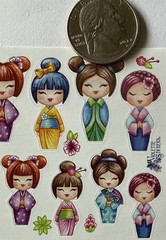 TINY ASIAN GIRLS Stickers(19pc) Kimono•Chinese•Children•Geisha•Cute•Card Making