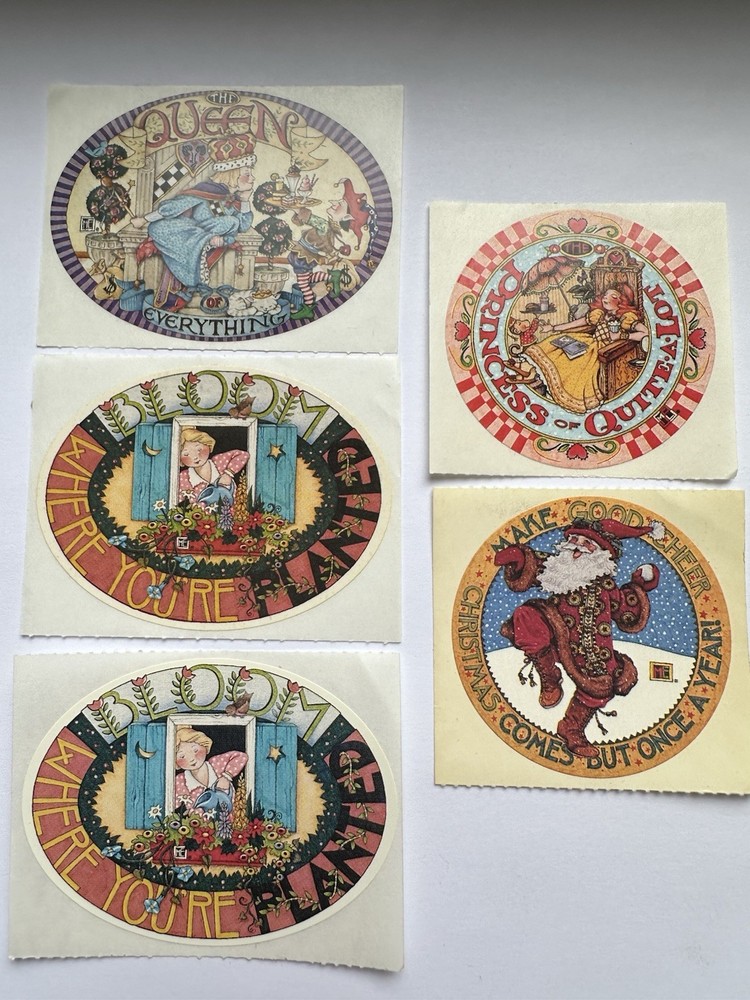 Vtg Mary Engelbreit Oval/Circle Sticker Lot Queen Princess Cheer 5pc NOS