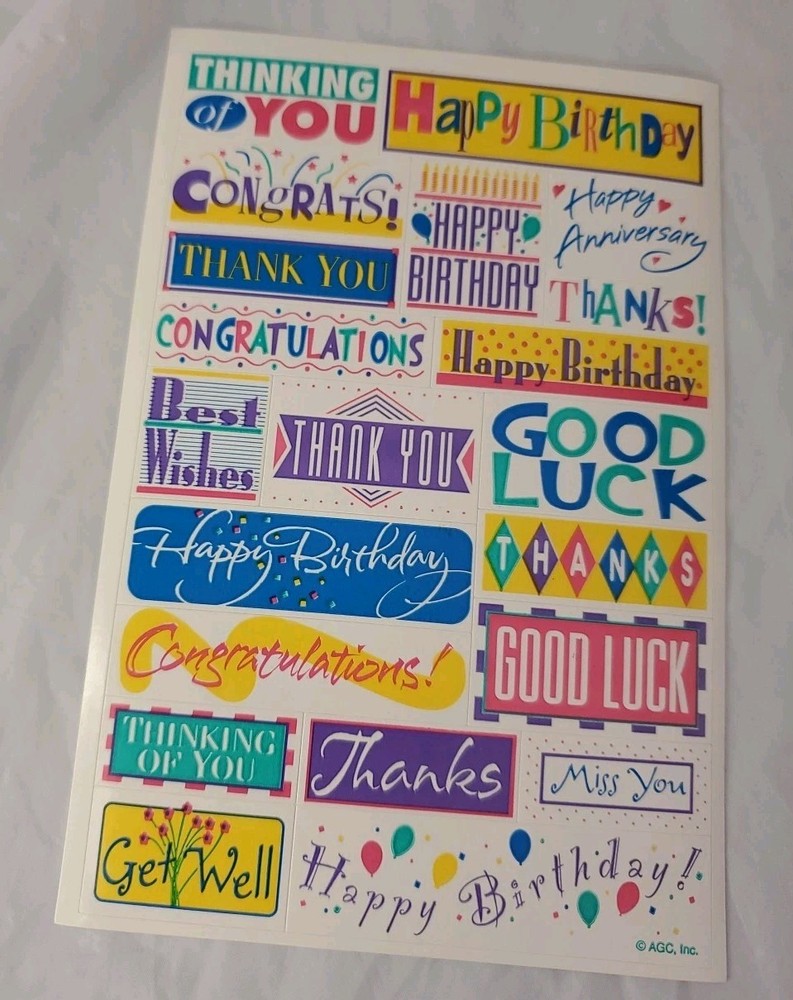 2 Vintage AGC Inc Various Patterns Sticker Sheets Thank You, Happy Birthday Luck