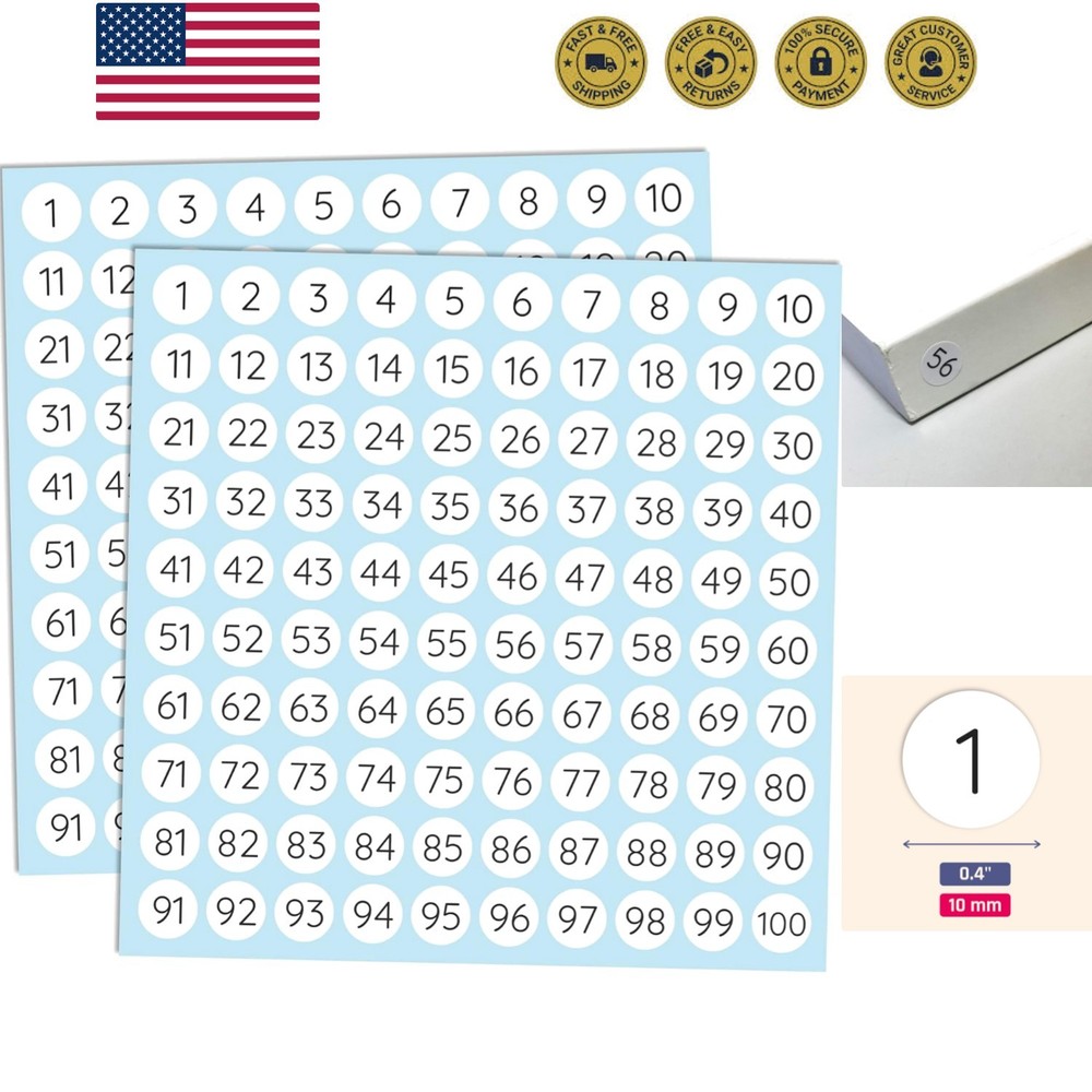 25 Sheets, 1 to 100, Number Stickers Labels – 0.4″ Round, Pack of 2500