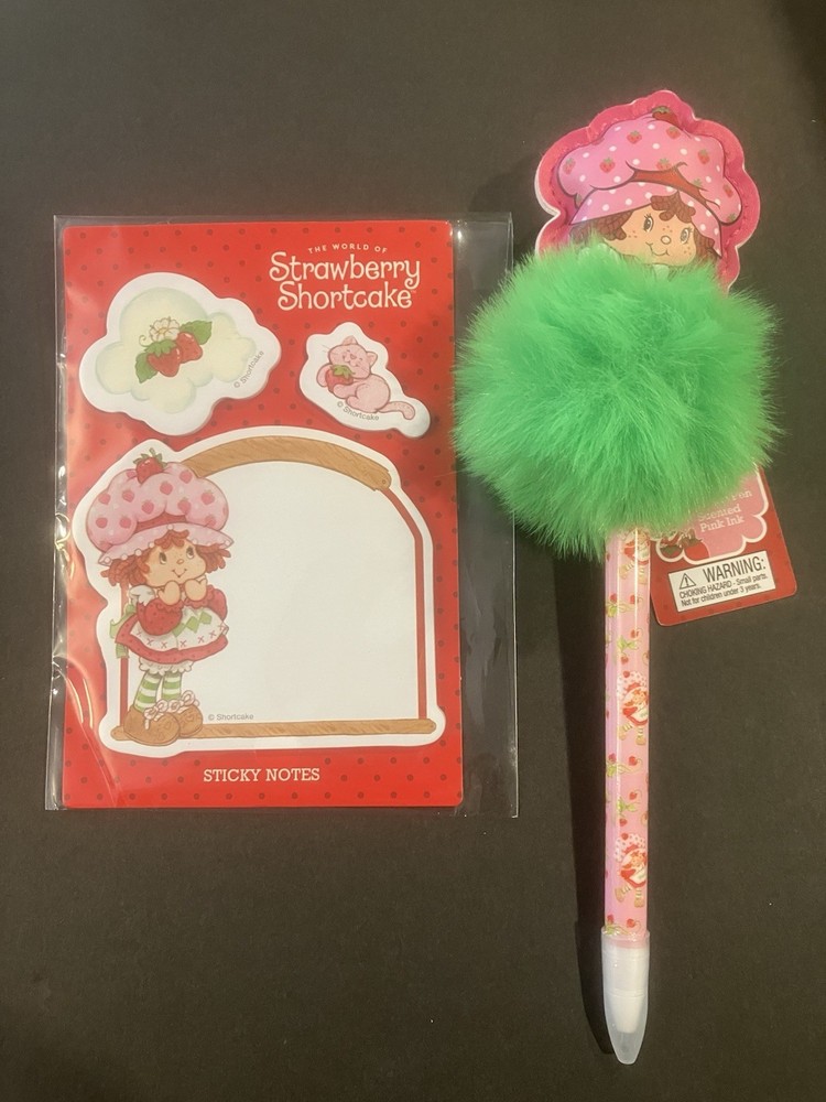 Strawberry Shortcake 3 Post-it Mini Sticky Note Pads Pom Pom Pen Scented Ink