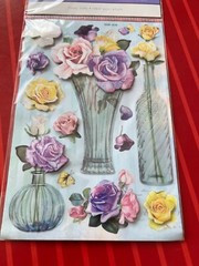 VERY RARE – SO BEAUTIFUL LARGE PINK ROSES IN VASES PUFFY 3D STICKERS SHIPS FREE
