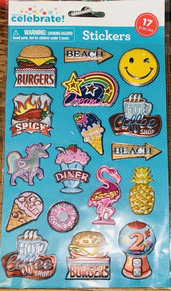 17 Pc. PUFFY Retro Look Stickers Burgers, Beach Donuts Hot Coffee Diner Unicorn+