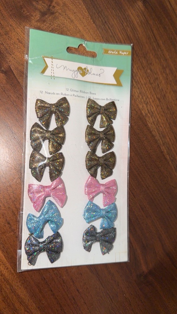 Rare! Maggie Holmes- Crate Paper- 12 Glitter Ribbon Bows For Scrapbooking