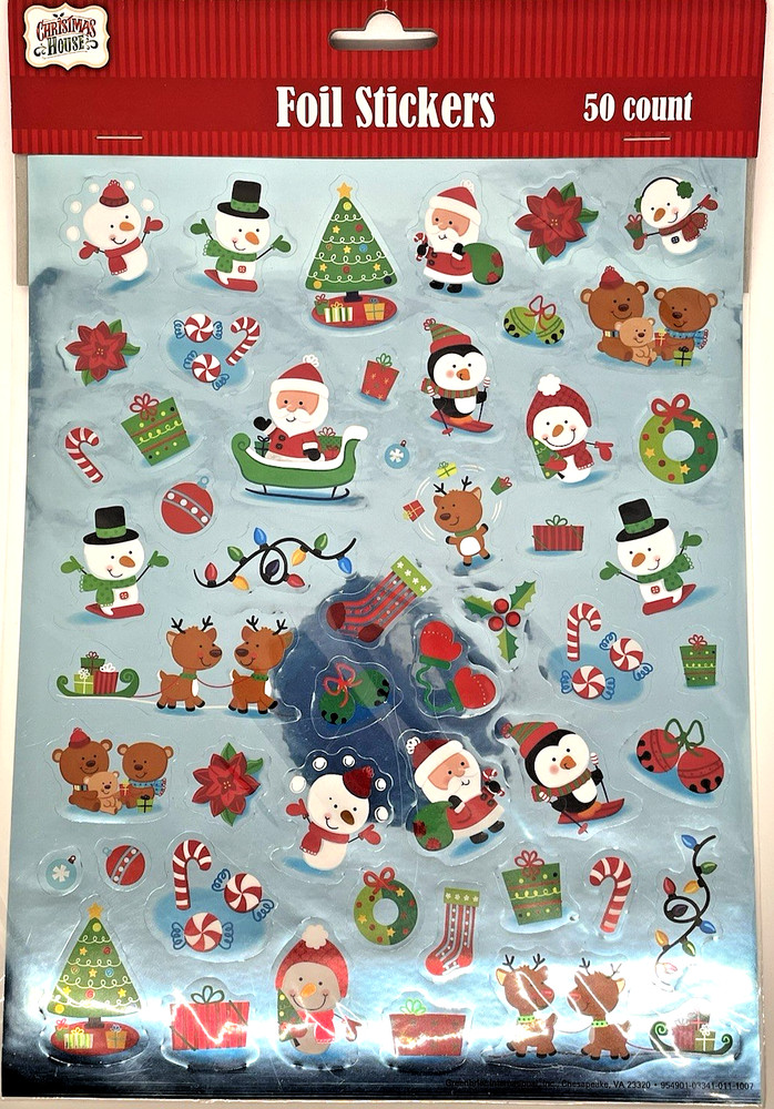 Christmas Holiday House laser stickers Snowman Santa bears shiny 50 count