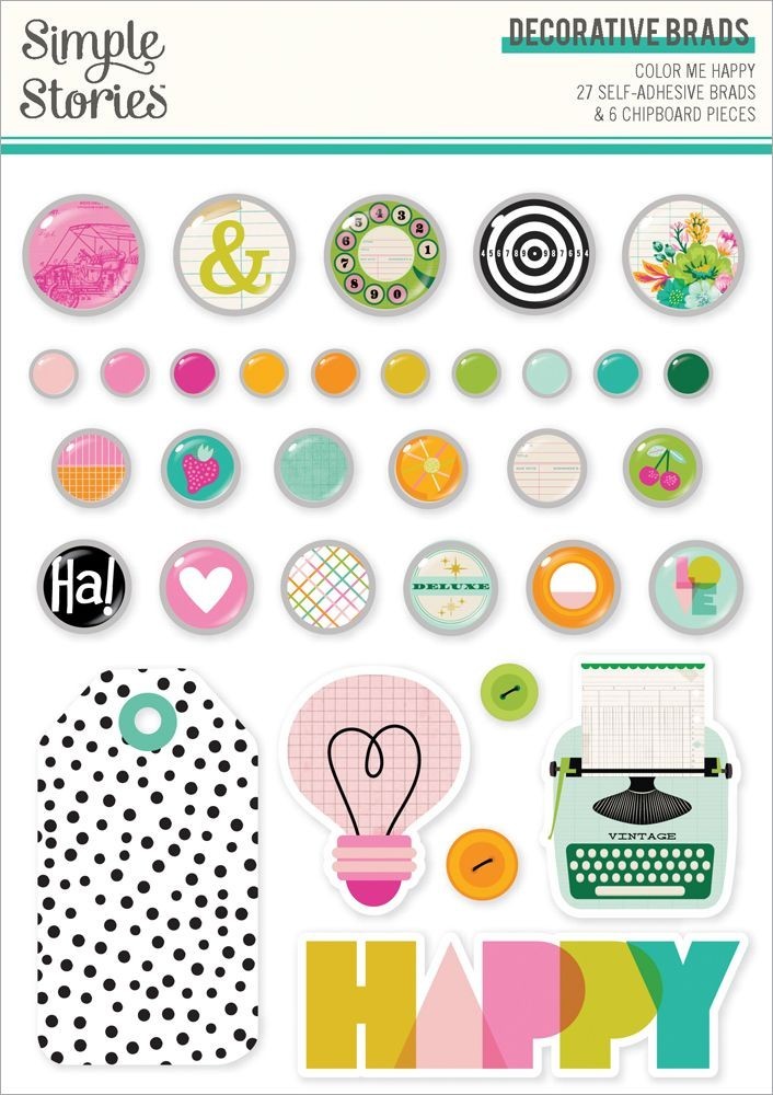 Decorative Brads SS Color Me Happy Vintage Typewriter Hearts Bullseye Bright