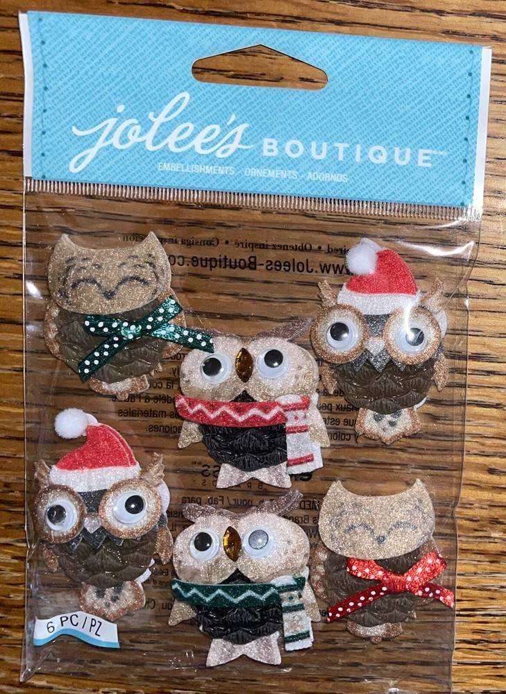 RARE Jolees Pinecone Owl Repeats Google Eyes Santa Hat Bow Christmas 3D Stickers