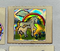 Vintage BJ ‘on the roll’ Sm Stickers Unicorn Rainbow Hearts Prism Kitten Balloon