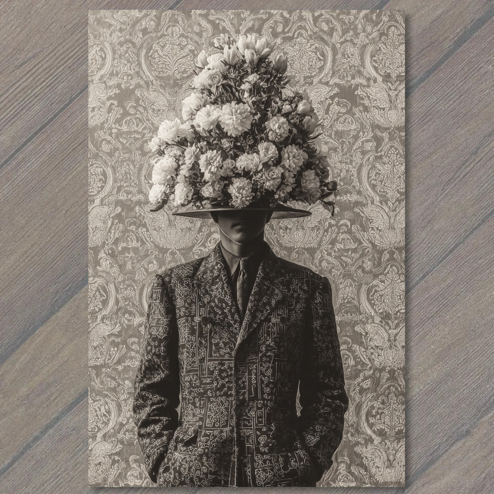 STICKER Surreal Man Suit Flower Hat Black White Pattern Retro Fashion Floral A