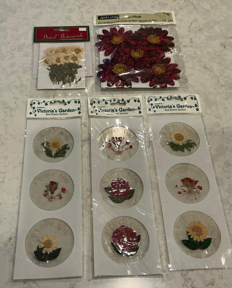 NEW LOT DRIED FLOWER STICKERS- VICTORIA’S GARDEN, DARICO, PLUS ASHLAND