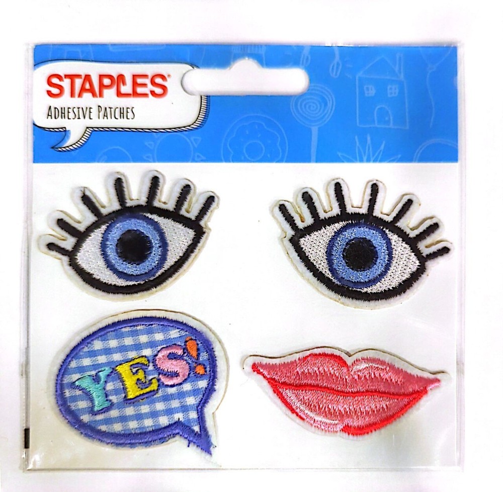 Staples Adhesive Patches Embroidered Stickers Eyes Lips Speech Bubble YES!