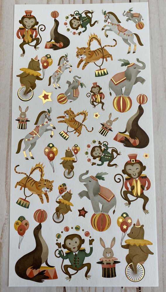 Stickers Circus Animals Monkey Bunny Tiger Matte Finish Paper Foil Accents New