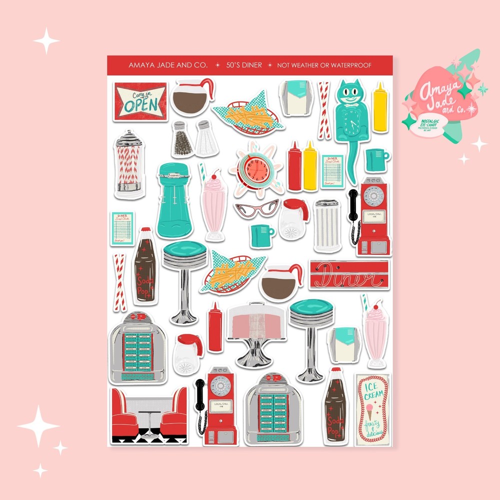 New 1950s Diner Sticker Sheet Perfect for Scrapbooking or Party Favors