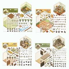 4 (3D) 8.7 x 5.8 Isometric Rooms. Study, Kitchen, Bedroom, and Field.