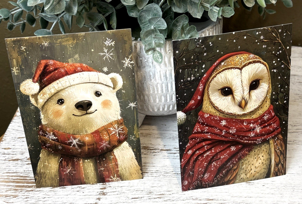 CHRISTMAS ANIMALS Set Of 2 Junk Journal Art Cards Scrapbook Card Topper Crafts