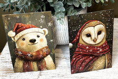 CHRISTMAS ANIMALS Set Of 2 Junk Journal Art Cards Scrapbook Card Topper Crafts