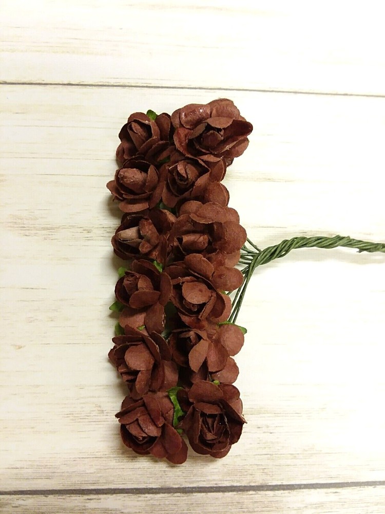 12-Piece Brown Mulberry Paper Rose Bunch Flower Wire Bouquet Craft DIY 1/2 Inch