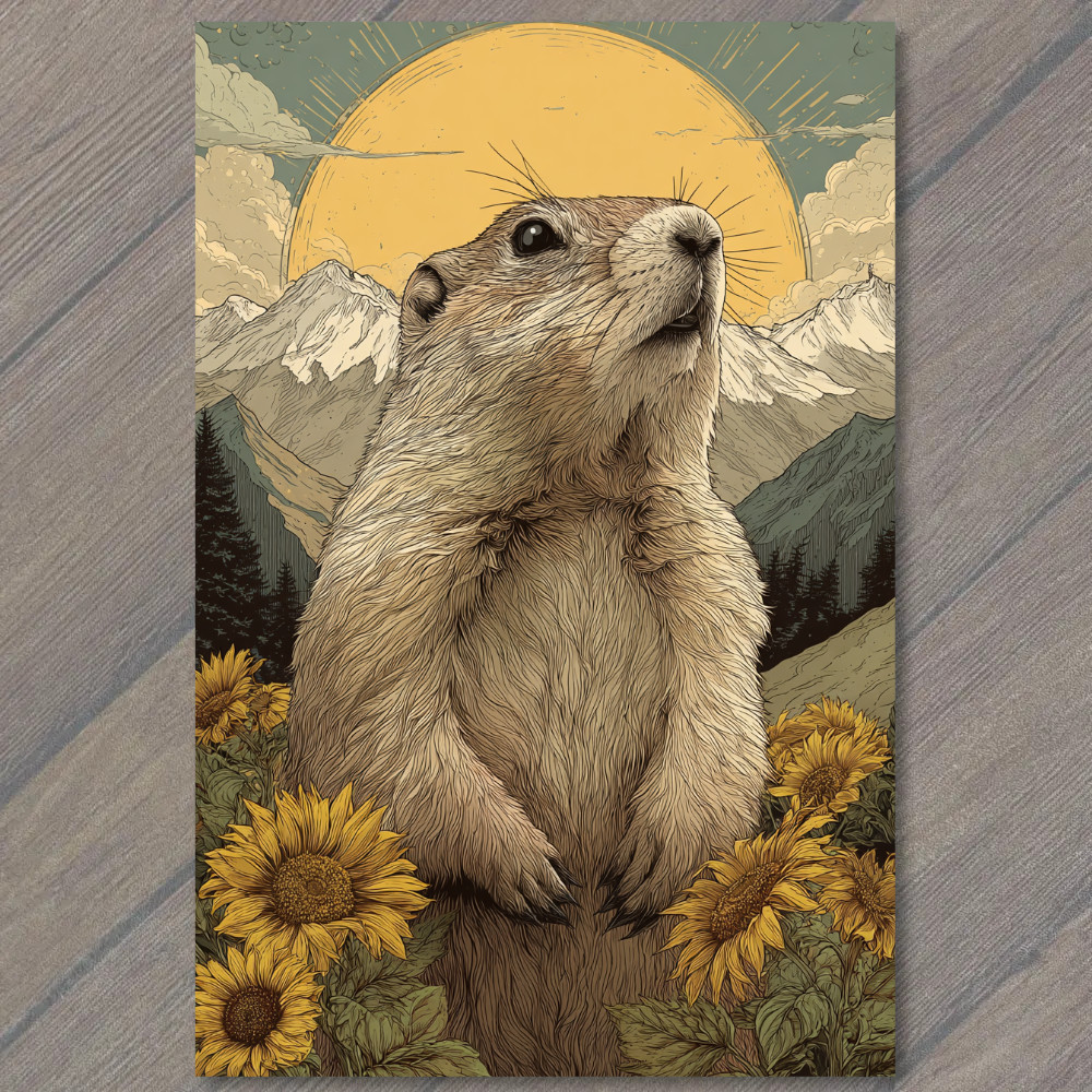 STICKER Groundhog Flowers Mountain Sunrise Rustic Nature Wildlife Art Style