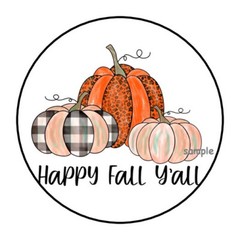 30 HAPPY FALL Y’ALL ENVELOPE SEALS LABELS STICKERS 1.5″ ROUND PUMPKINS PLAID