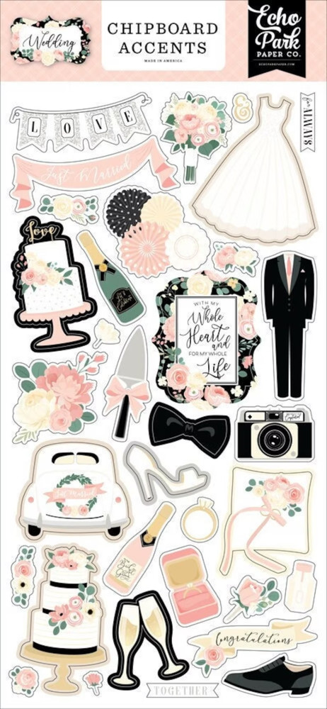 ECHO PARK CHIPBOARD ACCENTS~ WEDDING~ LARGE 6″X13″~DRESS~ CAKE~TUX~SHOES