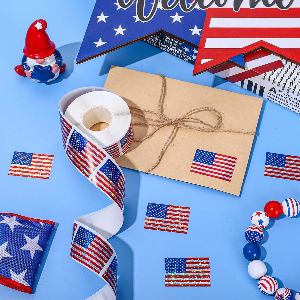 Whaline Patriotic Glitter Sticker Roll – 500PCS American Flag Waterproof Self-Ad