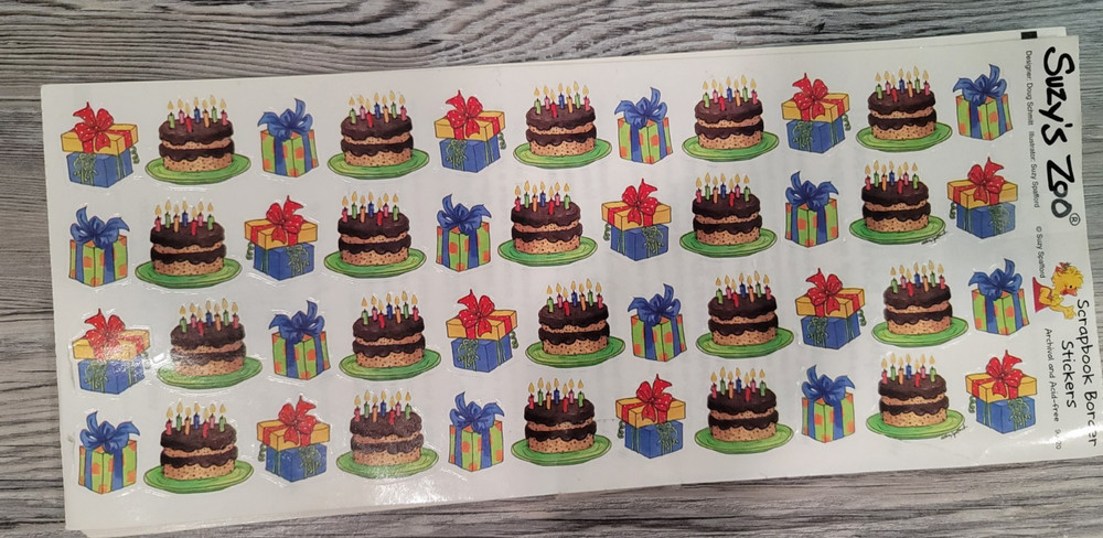 Suzy Zoo sticker lot of 52 sheets Acid free birthday cake and present borders