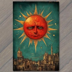 STICKER Angry Sun Over City Mean Star Hot Rays Buildings Sky Funny Unusual