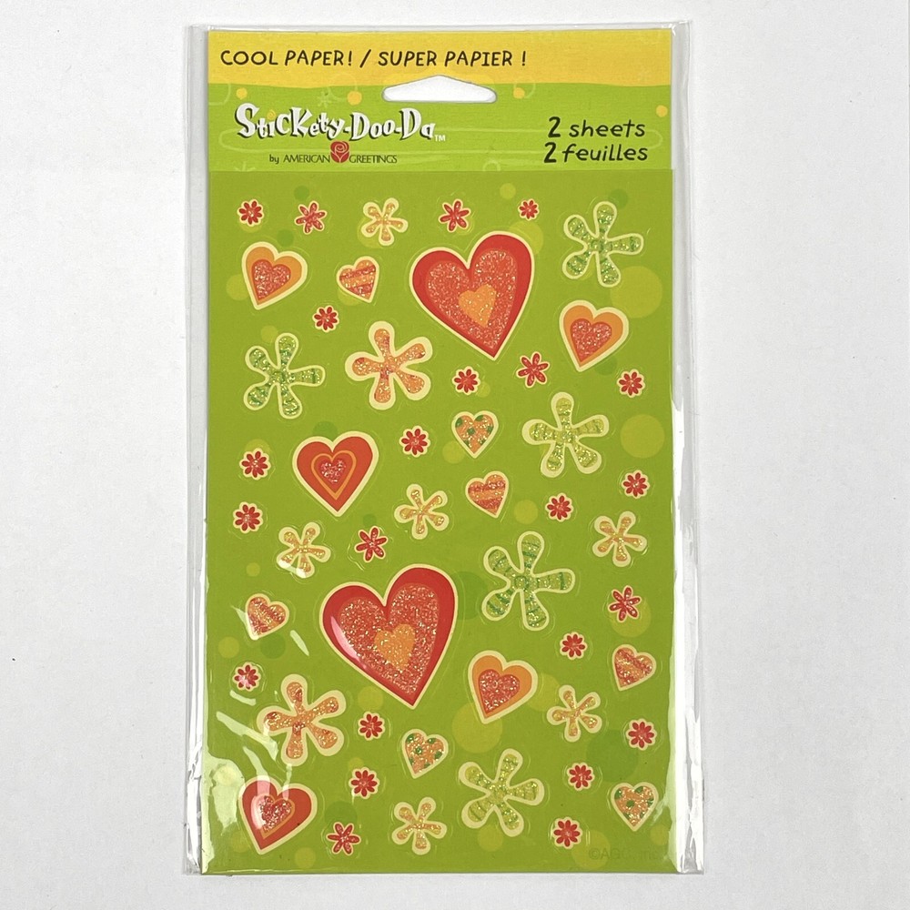 NEW Stickety Doo Da GLITTERY HEARTS FLOWERS American Greetings Stickers 2 Sheets