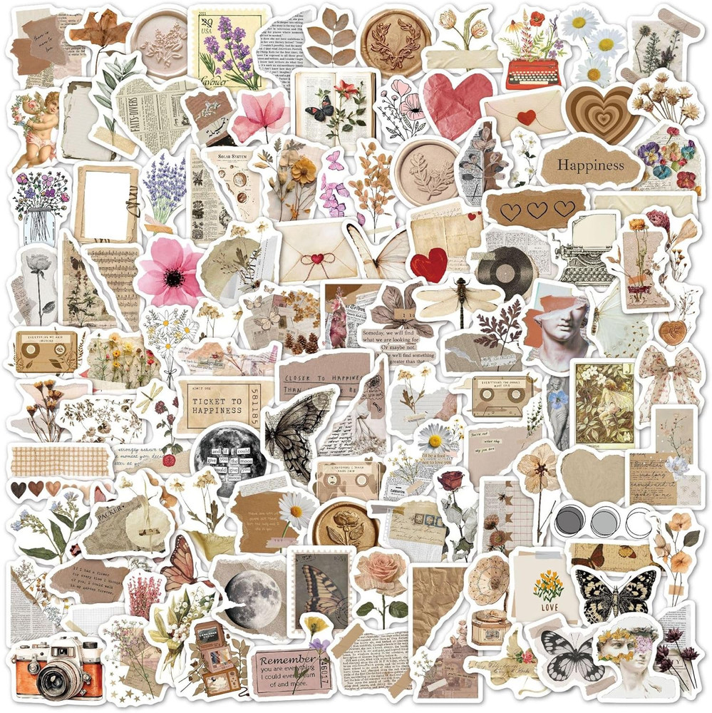 Vintage Natural Stickers-120Pcs Waterproof Scrapbook Aesthetic Sticker, Daily